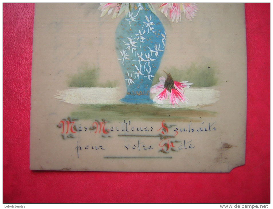 CPA SORTE DE PLASTIQUE RHODOÏD ?? PEINTURE FAITE MAIN  MES MEILLEURS SOUHAITS POUR VOTRE FETE    VOYAGEE 1908 TIMBRE - Other & Unclassified