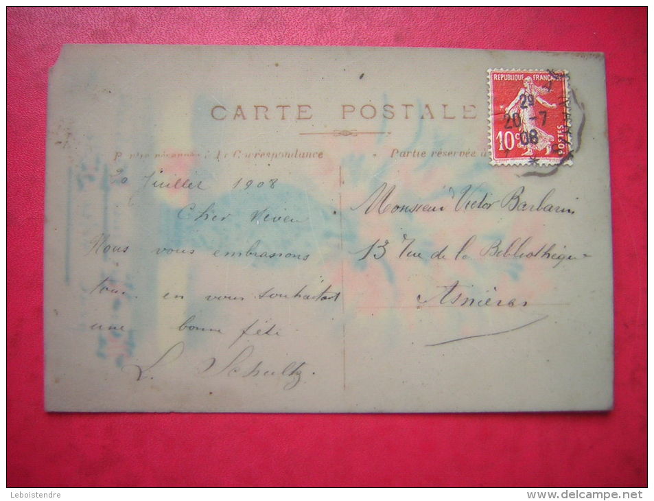 CPA SORTE DE PLASTIQUE RHODOÏD ?? PEINTURE FAITE MAIN  MES MEILLEURS SOUHAITS POUR VOTRE FETE    VOYAGEE 1908 TIMBRE - Other & Unclassified