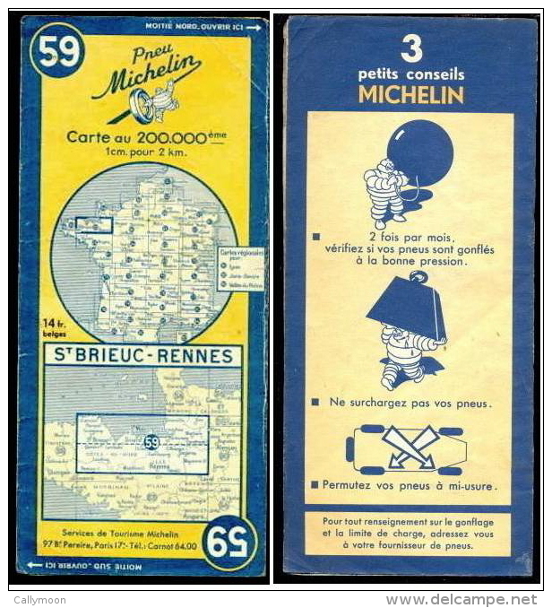 Carte Michelin - N°59 - St Brieuc-Rennes - édition: 1950. - Cartes Routières