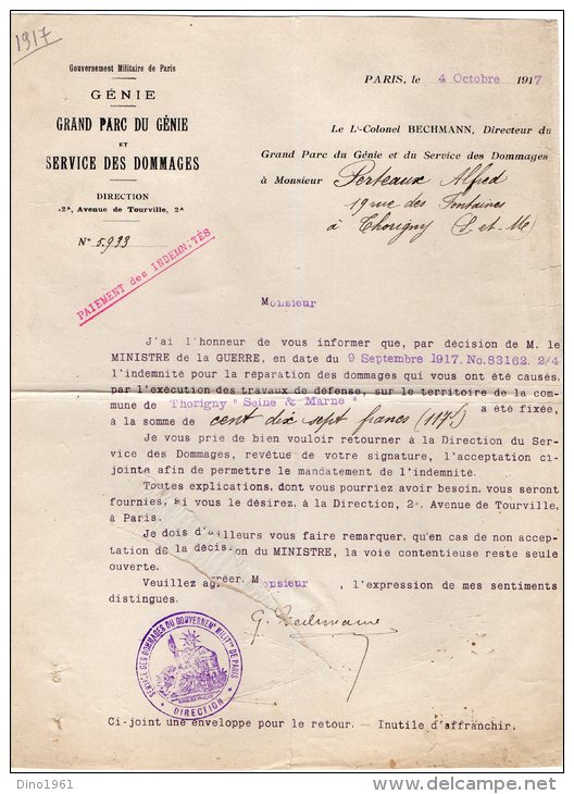 VP33 - MILITARIA - PARIS X THORIGNY 1917 - Lettre Des Service Des Dommages De La Guerre - Documenti