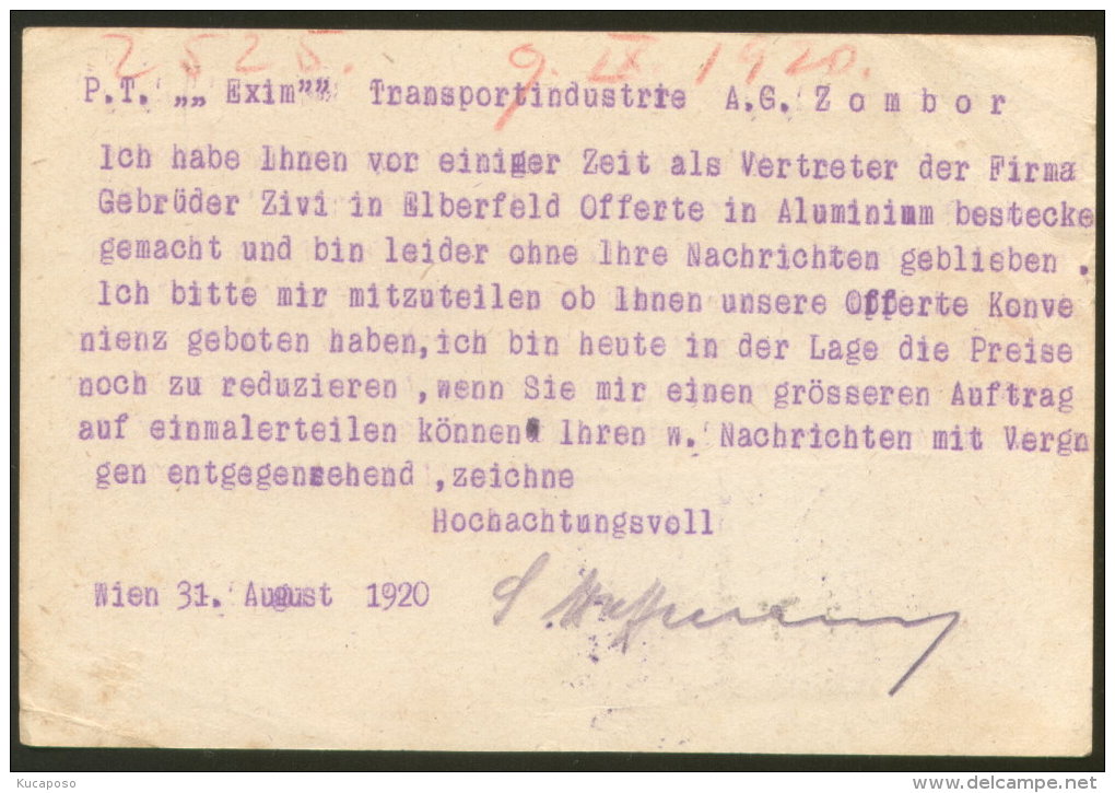 WIEN POSTAL CARD TO ZOMBOR CENSORED ROMANIA 1920 - Briefe U. Dokumente