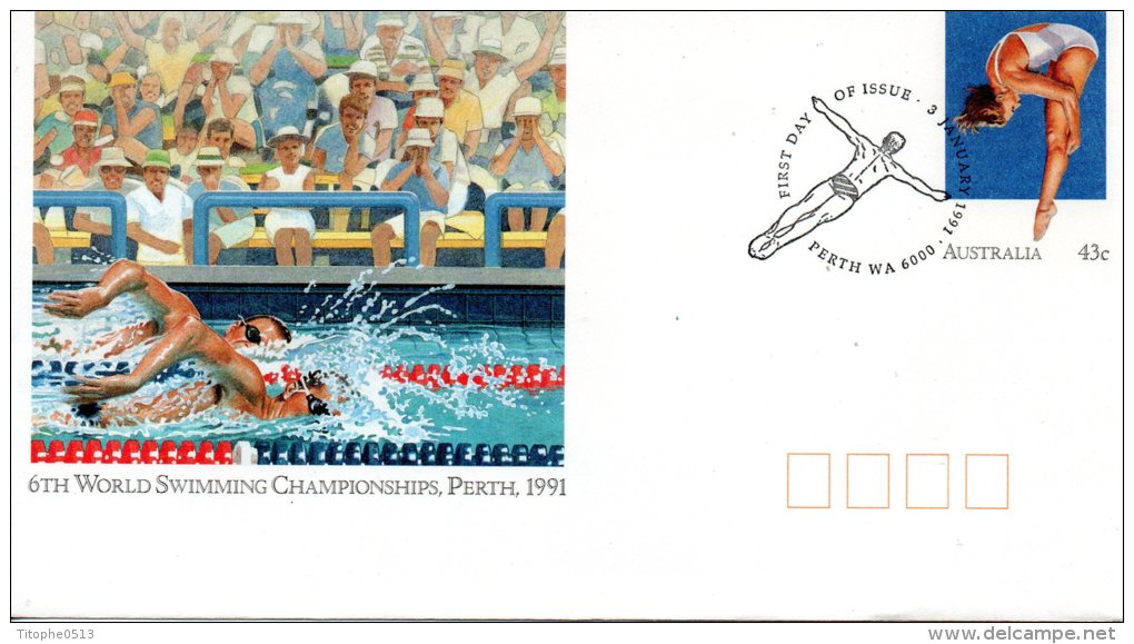 AUSTRALIE. Entier Postal Avec Oblitération 1er Jour De 1991. Natation/Plongeon. - High Diving