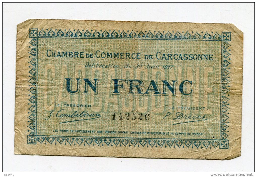 Billet à 1 Franc De La Chambre De Commerce De CARCASSONNE AUDE - Cámara De Comercio