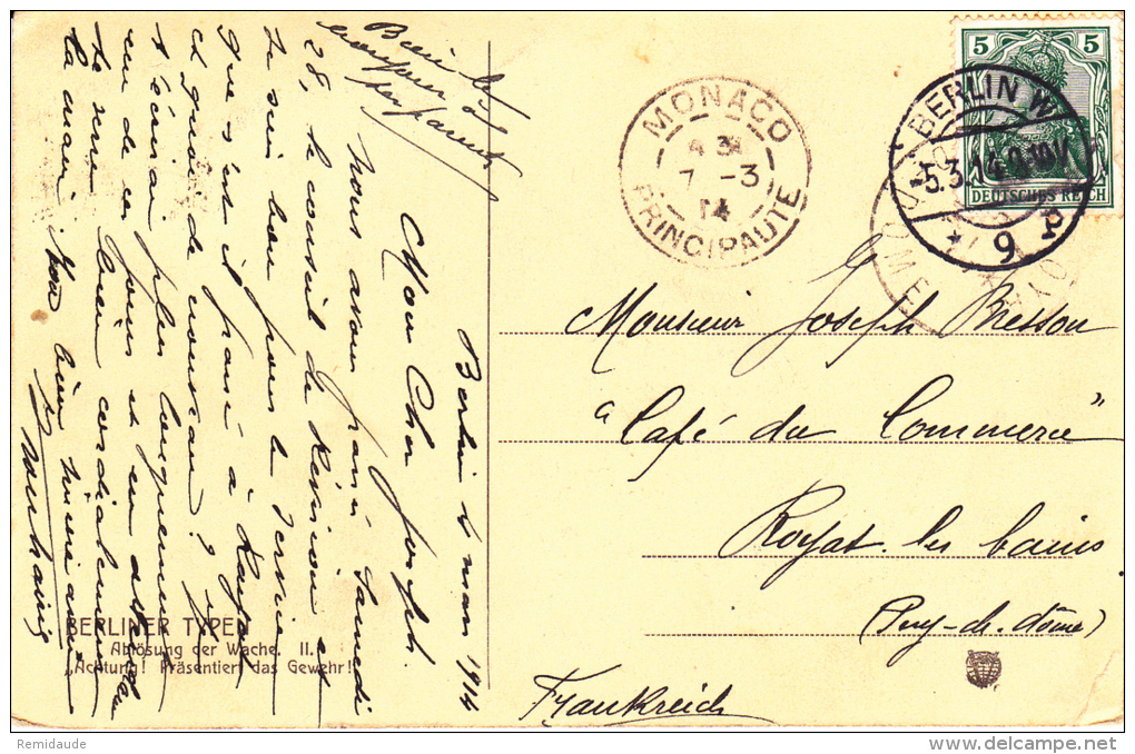 1914 - CARTE De BERLIN Pour ROYAT (PUY De DOME) Avec ERREUR D'ACHEMINEMENT Par MONACO => REEXPEDITON - Postmarks