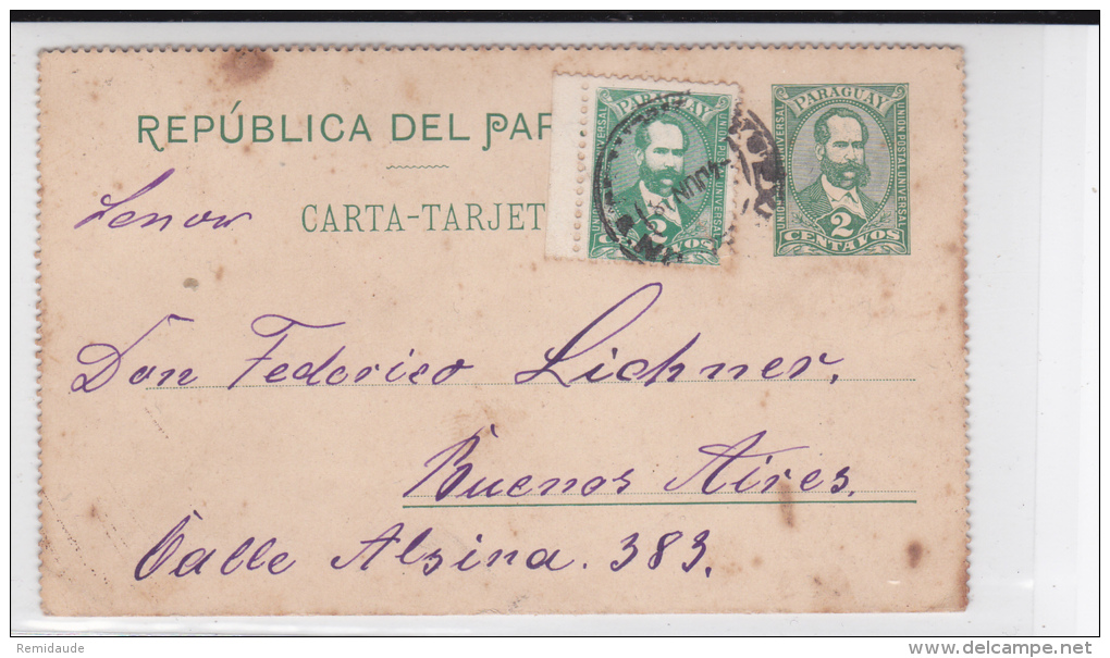 PARAGUAY - 1908 - CARTE LETTRE ENTIER POSTAL De ASCENSION Pour BUENOS AIRES (ARGENTINE) - Paraguay