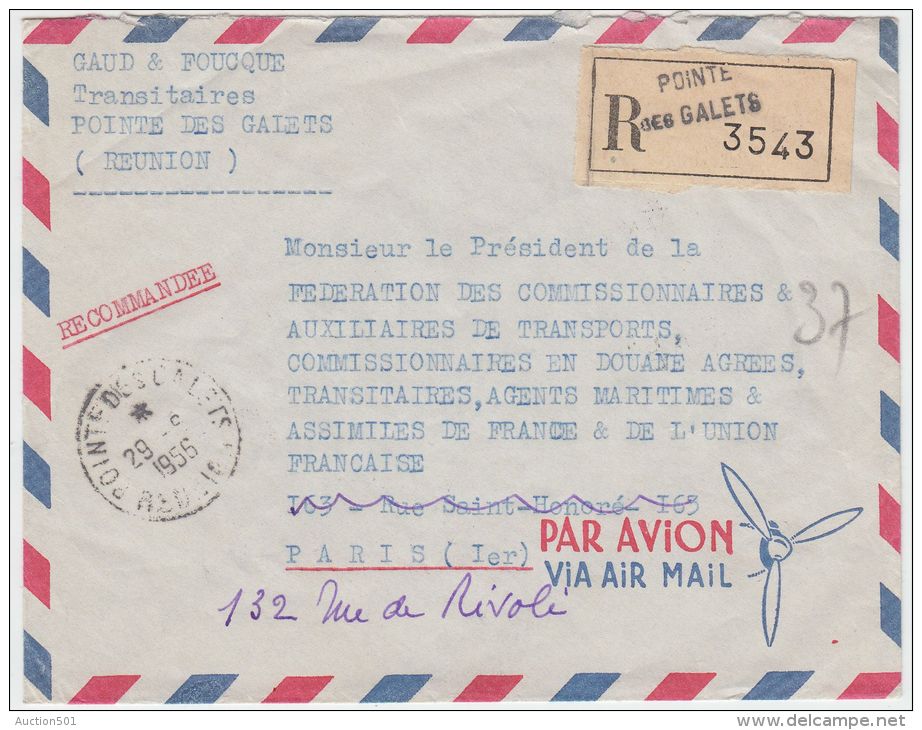 14048 Recommandé Par Avion De Pointe Des Galets (Réunion) à Paris I (chang. Adresse) 29/09/1956 - Lettres & Documents