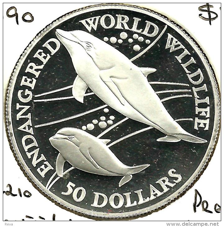 COOK ISLANDS $50 DOLPHIN ANIMAL FRONT QEII HEAD BACK1990 AG SILVER PROOF KM210 READ DESCRIPTION CAREFULLY!! - Cook