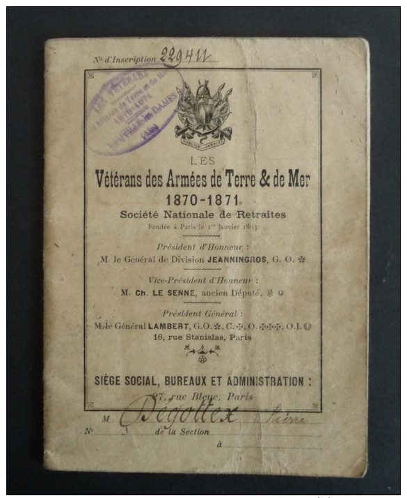 CARNET à  VIGNETTES  Des Retraités VETERANS Des ARMEES Terre & Mer 1870-1871 - Non Classés