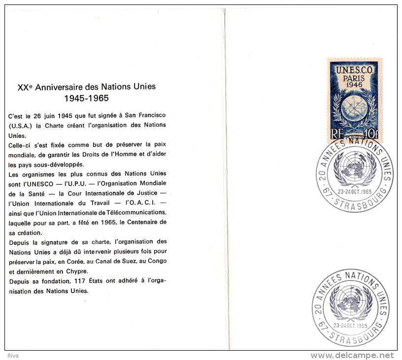 Document XX° Anniversaire Des N . U . Strasbourg Le 23 / 24 /10 1965 - Cartas & Documentos