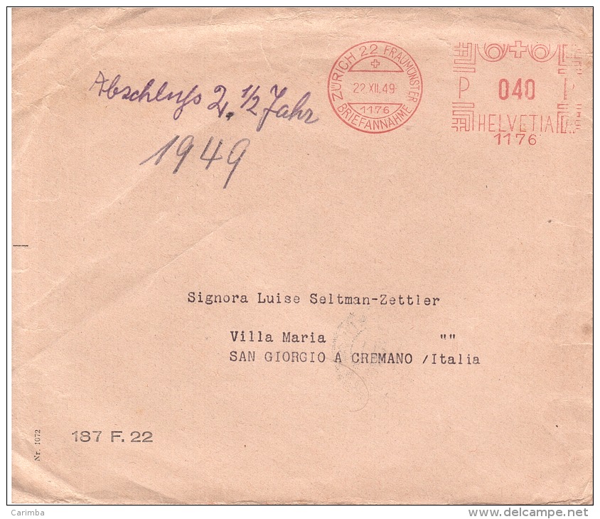 1949 Zurich22 Fraumunster Briefannahme - Affranchissements Mécaniques