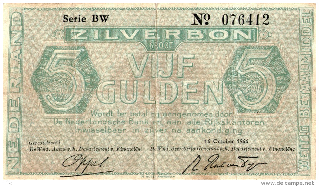 Netherland,5 Gulden Silverbon,1944,P.63a.3 As Scan - 1 Gulde