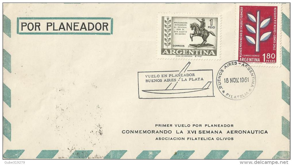 ARGENTINA 1961 - COVER PRIMER VUELO EN PLANEADOR (GLIDER POST) B.AIRES-LA PLATA - XVI SEMANA AERONAUTICA ASS.FILATELICA - Brieven En Documenten