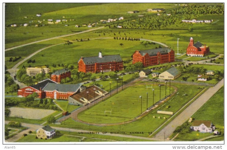 Wichita KS Kansas, University Of Wichita Campus, Football Field, C1940s Vintage Linen Postcard - Wichita