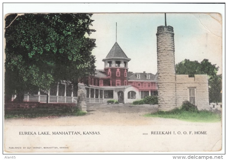Manhattan KS Kansas, Eureka Lake Reeekah IOOF HOme, C1900s/10s Vintage Postcard - Manhattan