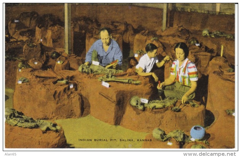 Salina KS Kansas, Indian Burial Ground Excavation, Archaeology, C1940s Vintage Linen Postcard - Salina