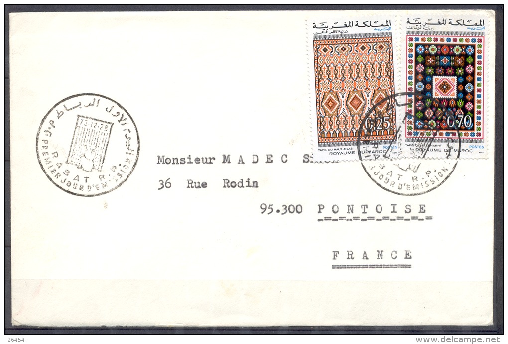 F.D.C. Sur LETTRE   De RABAT Annee 1973 Affranchie Avec 2 Timbres  TAPIS  Pour PONTOISE - Morocco (1956-...)