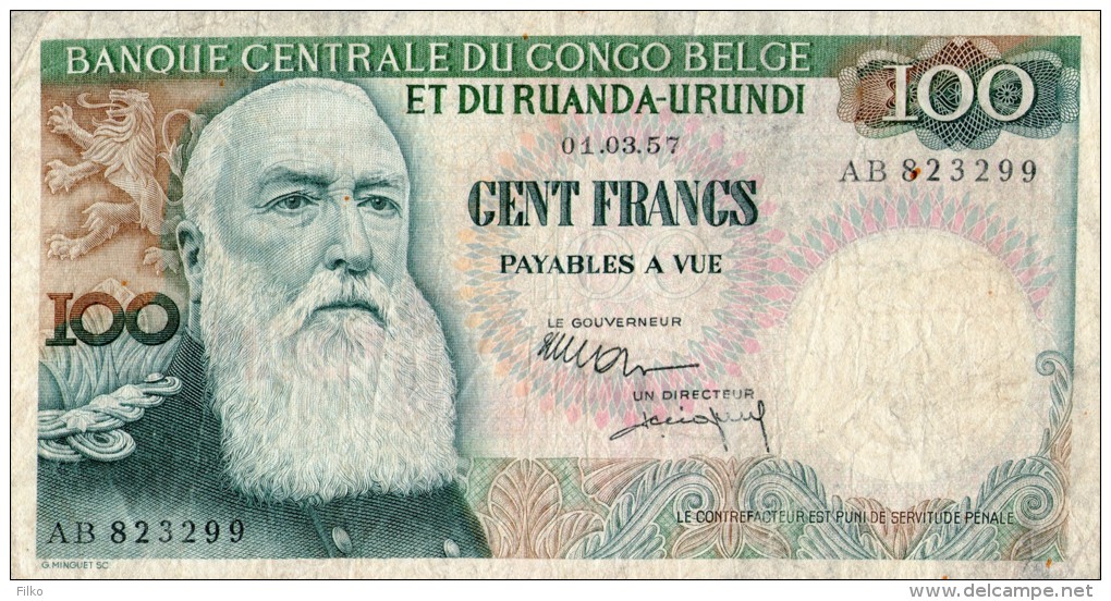 1957 Belgian Congo Ruanda-Urundi Central Bank One Hundred Francs Banknote P# 33b,as Scan - Ruanda-Burundi