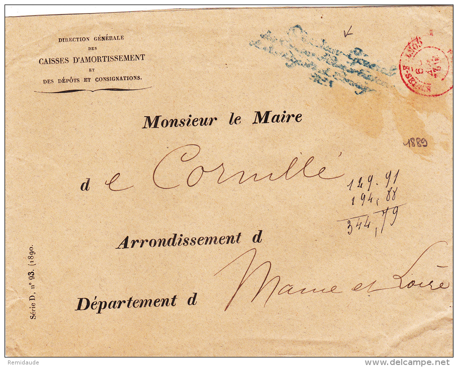 1889 - ENVELOPPE Du DIRECTEUR GEN. DES CAISSES D'AMORTISSEMENT Et DEPOTS Et CONSIGNATION N°1 + CACHET Des CONTRE-SEING - Civil Frank Covers