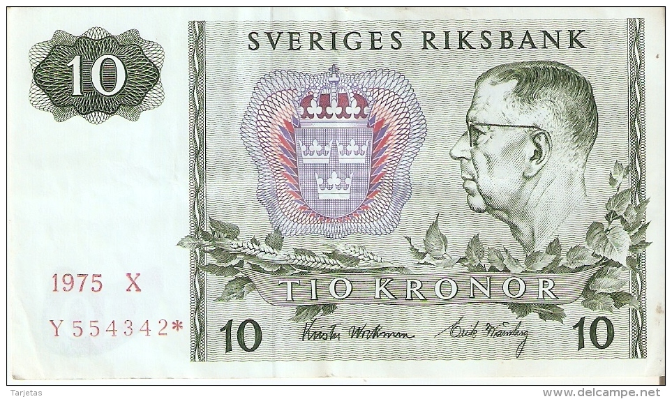 BILLETE DE SUECIA DE 10 CORONAS DEL AÑO 1975 CALIDAD MBC  (BANKNOTE) - Sweden