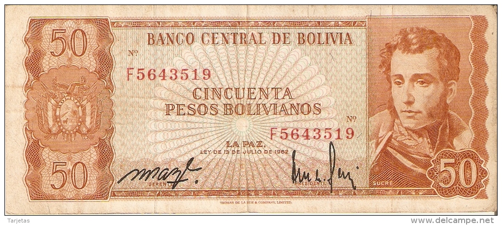 BILLETE DE BOLIVIA DE 50 PESOS BOLIVIANOS DEL AÑO 1962 (BANKNOTE) - Bolivia