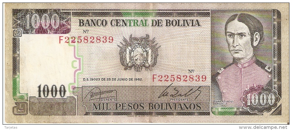 BILLETE DE BOLIVIA DE 1000 PESOS BOLIVIANOS DEL AÑO 1982 (BANKNOTE) - Bolivië