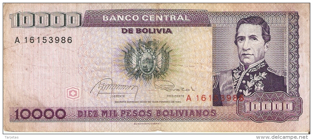 BILLETE DE BOLIVIA DE 10000 PESOS BOLIVIANOS DEL AÑO 1984 (BANKNOTE) - Bolivien