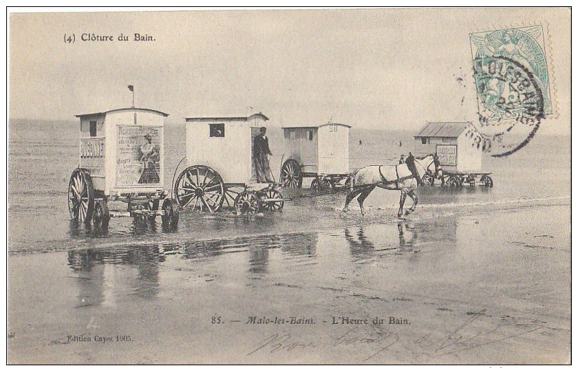 59 MALO Les BAINS CABINES  Affiches Publicitaires  Tractées Par Un CHEVAL à L´ Heure Du BAIN De MER  1905 - Malo Les Bains