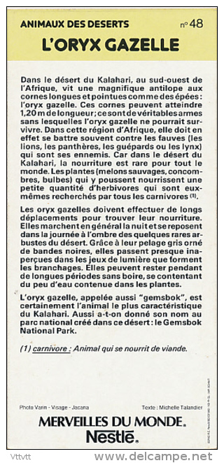 Fiche Cartonnée, NESTLE "Merveilles Du Monde", L'ORYX GAZELLE, N° 48, "Animaux Des Déserts" - Schokolade