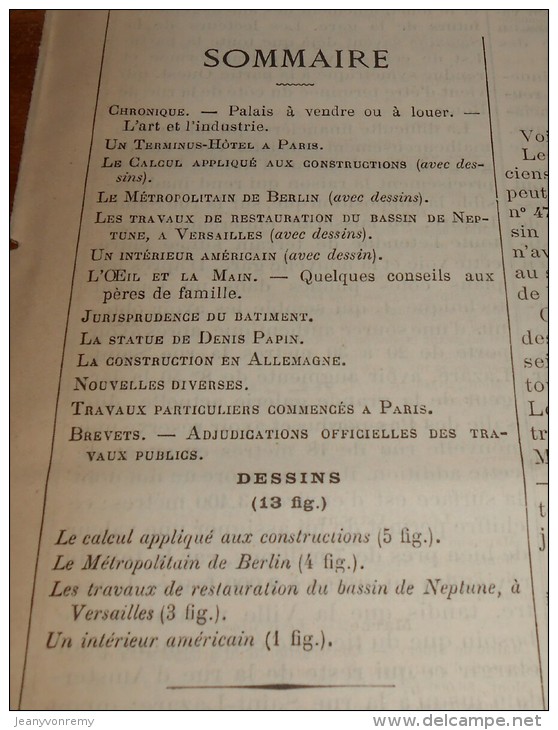 La Semaine Des Constructeurs. N°30. 22 Janvier 1887. Un Intérieur Américain. Restauration Du Bassin Neptune à Versailles - Revistas - Antes 1900