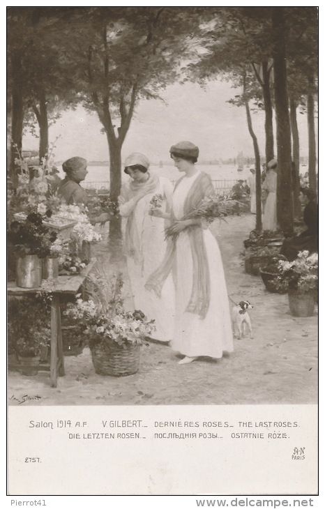 FEMMES - FRAU - LADY - TABLEAUX - SALON DE PARIS 1914 - "Dernières Roses" - Par V. GILBERT (fleuriste Femmes Avec Chien - Women