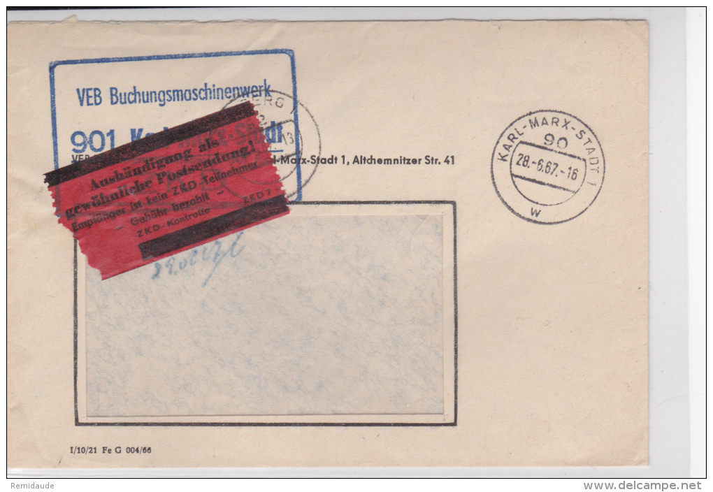 1967 - LETTRE De SERVICE (ZKD) De KARL MARX STADT Pour FREIBERG Avec CONTROLE Et TAXE Car Le DESTINATAIRE N'est Pas ZKD - Covers & Documents