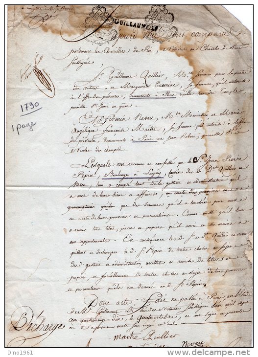 VP51 - PARIS X LAGNY 1790 - Acte De Decharge A Mr PAPIN - Timbri Generalità