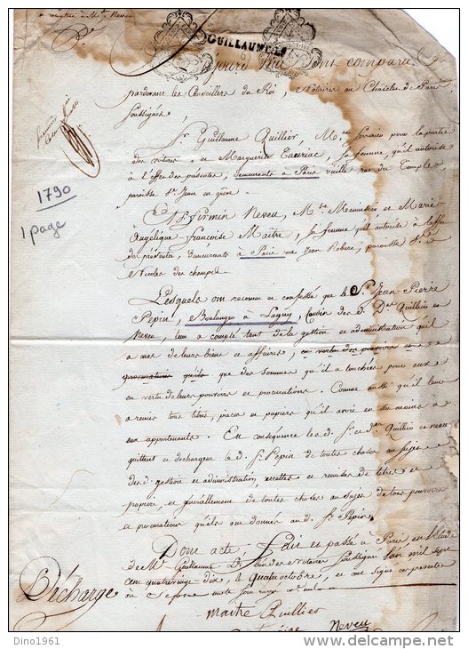 VP51 - PARIS X LAGNY 1790 - Acte De Decharge A Mr PAPIN - Cachets Généralité