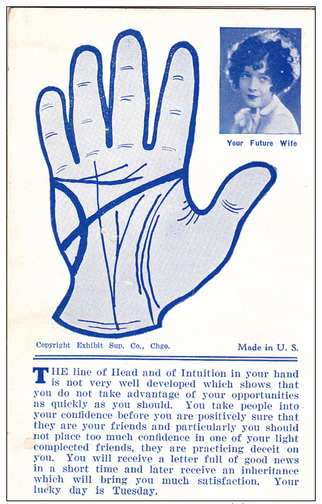 Arcade Card: Palm Reading Chart For Future Wife, Line Of Head & Intuition In Palm 1920s - Astrology