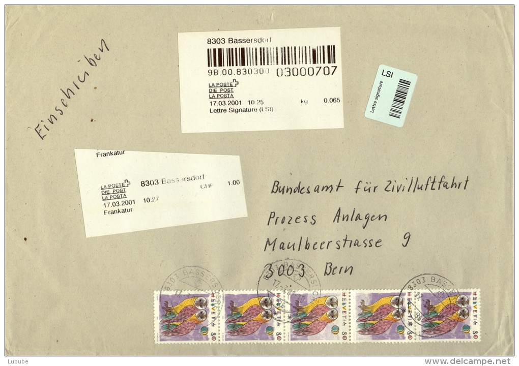 Lettre Signature  Bassersdorf - Bern  (spektakuläre Abart)               2001 - Abarten
