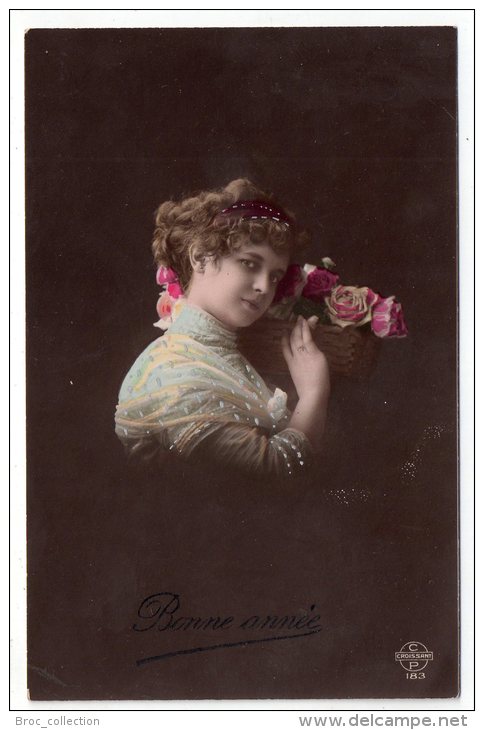 Jolie Fillette Et Panier De Roses, Peinture Argentée En Relief, Bonne Année, éd. C Croissant P N° 183, 2 Scans - Portraits