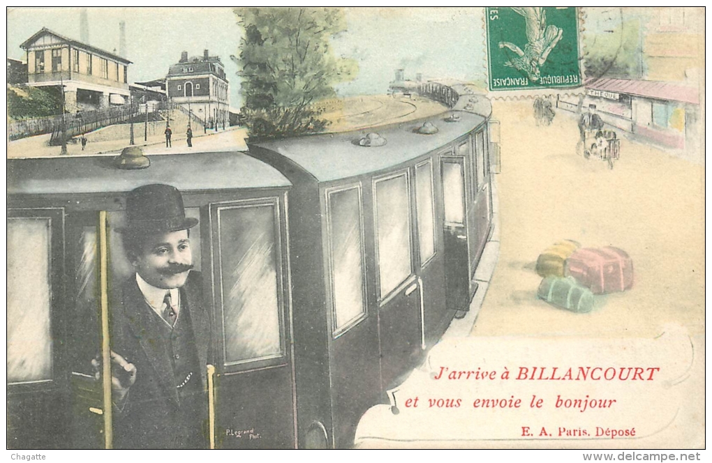 Cpa, Train Vapeur, J'arrive A Billancourt Et Vous Envoie Le Bonjour - Boulogne Billancourt