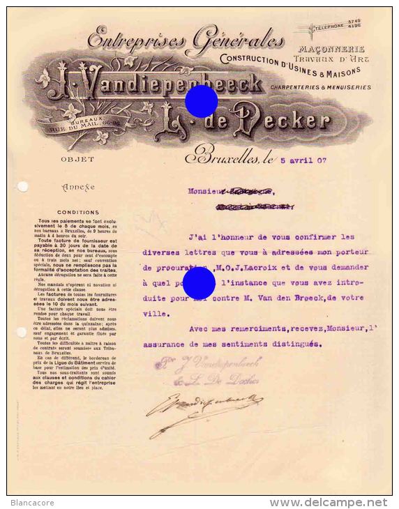 IXELLES BRUXELLES 1907 Vandiepenbeeck & Decker Construction D'usines & De Maisons Maçonnerie Menuiserie - Straßenhandel Und Kleingewerbe