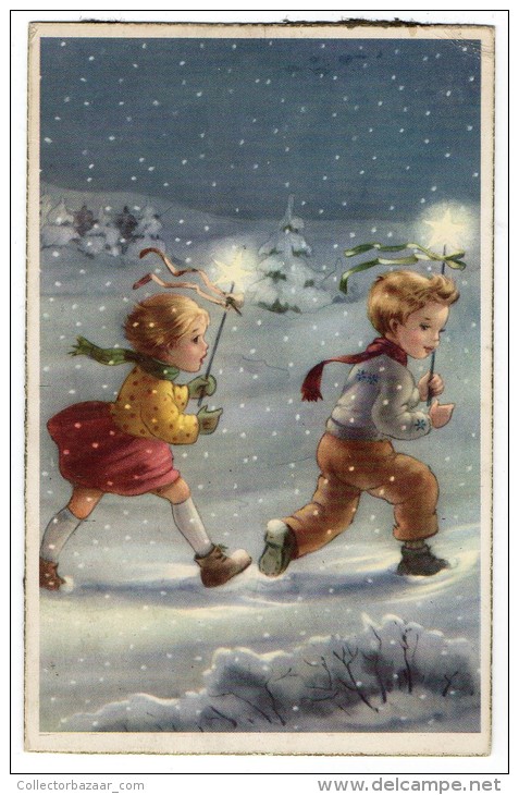 Christmas Noel Navidad Kids In Snow With Stars Vintage Original Postcard Cpa Ak (W3_2472) - Autres & Non Classés