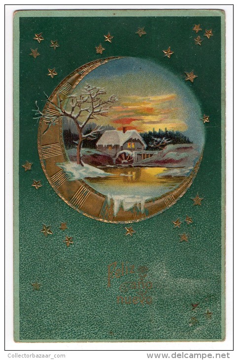 New Year Wishes  Moon Vintage Original Postcard Cpa Ak (W3_2485) - Año Nuevo