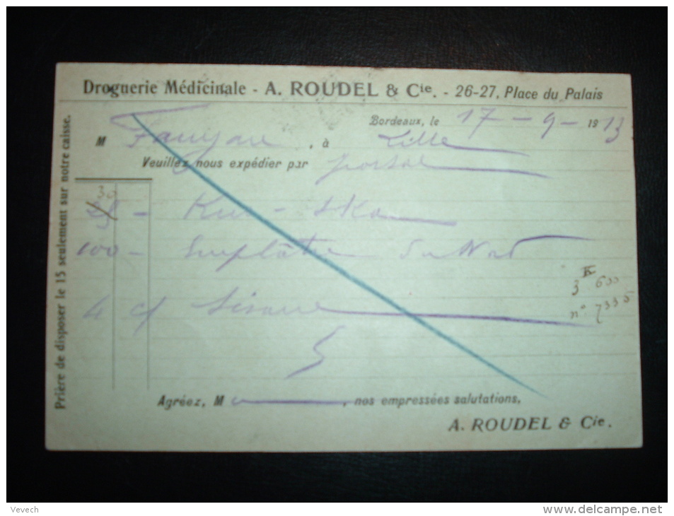 EP SEMEUSE 10C OBL. HEXAGONALE 17 9 13 BORDEAUX ST PROJET A (33 GIRONDE) + RECEPISSE CHEMIN DE FER DU NORD + ROUDEL - 1877-1920: Période Semi Moderne