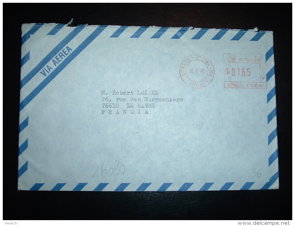 LETTRE PAR AVION POUR LA FRANCE EMA 1005 à 01,65 Du 18 2 93 CORREO CENTRAL BA 10000 - Storia Postale