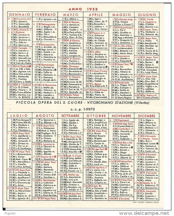 CAL102 - CALENDARIETTO 1958 - PICCOLA OPERA DEL SACRO CUORE DI VITORCHIANO STAZIONE (VITERBO) - Petit Format : 1941-60