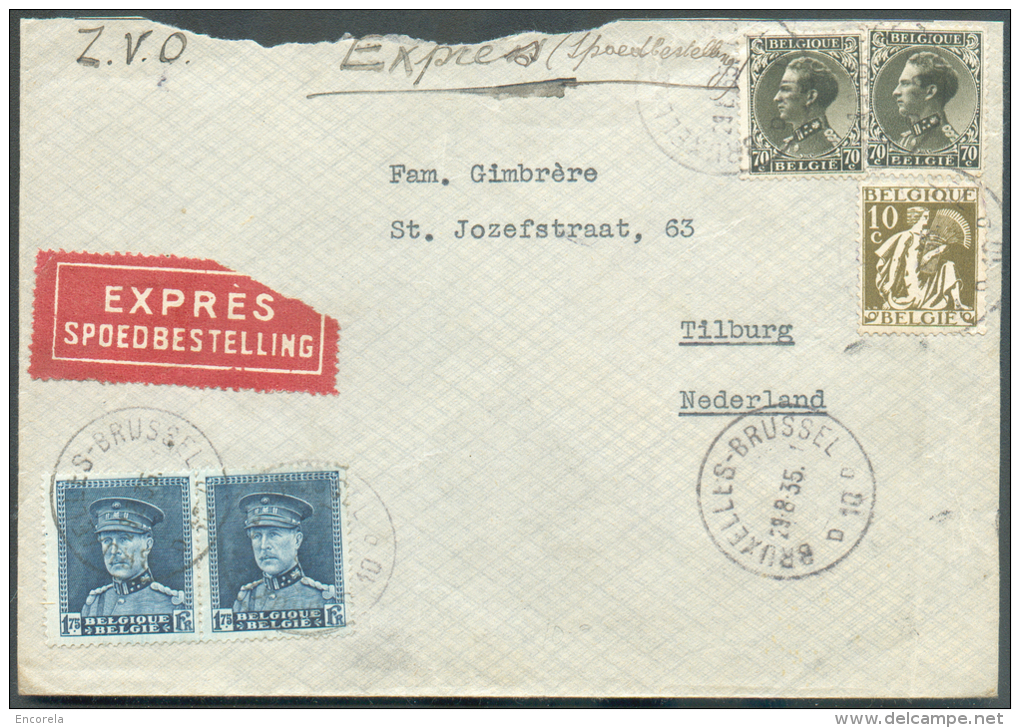 Lettre Exprès Affranchie à 5Fr. (dont Képi Et Cérès) Obl. Sc BRUXELLES 10 Du 29-8-1935 Vers Tilburg (PB).  - 9378 - Covers & Documents