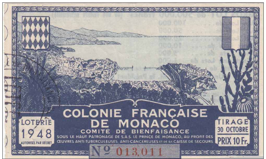 Billets De Loterie-colonie Française De Monaco-comité Bienfaisance-loterie 1948-105mmx65mm - Billets De Loterie