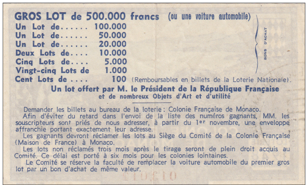 Billets De Loterie-colonie Française De Monaco-comité Bienfaisance-loterie 1948-105mmx65mm - Billets De Loterie