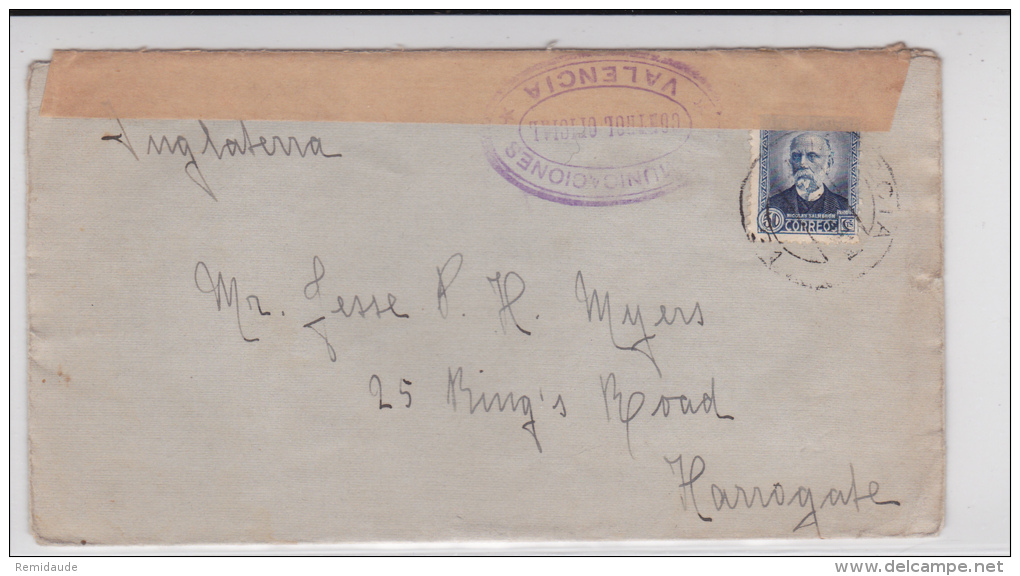 1936 - ENVELOPPE De MURCIA Avec RARE CENSURE REPUBLICAINE De VALENCIA Pour HARROGATE (ANGLETERRE) - Storia Postale