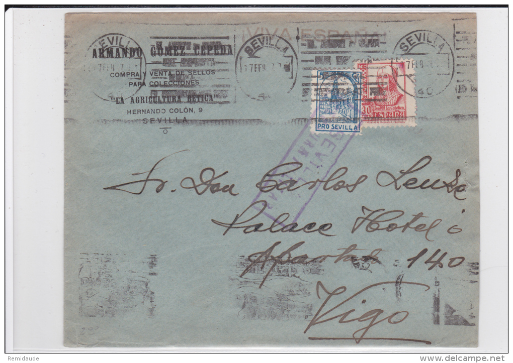 1937 - ENVELOPPE De SEVILLA Avec CENSURE + VIGNETTE LOCALE Pour VIGO - Lettres & Documents
