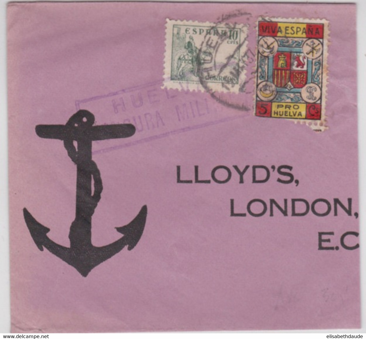 1937 - ENVELOPPE De HUELVA Avec CENSURE + VIGNETTE LOCALE Pour LLOYD'S à LONDRES (GB) - Spanish Civil War Labels