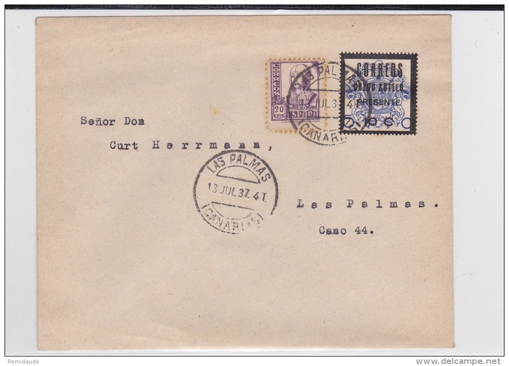 1937 - ENVELOPPE De LAS PALMAS Avec RARE VIGNETTE LOCALE - Storia Postale